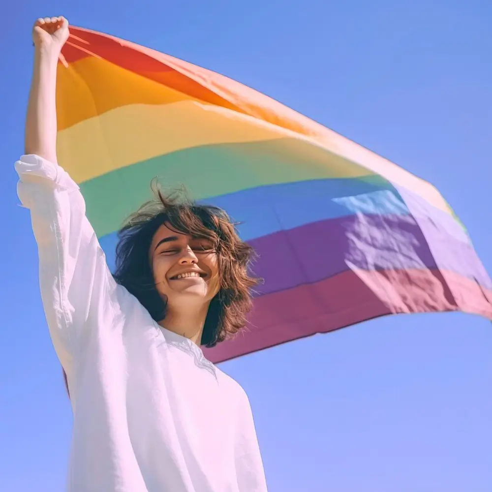 queer youth smiling in sunshine holding pride flag lgbtq